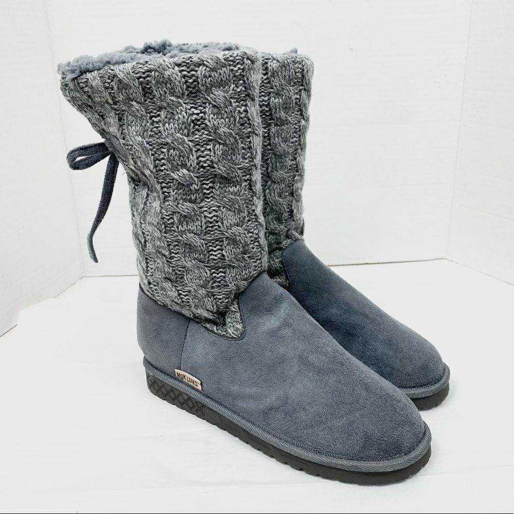 Muk Luks Cozy Grey Cable Knit & Faux Suede Sherpa Boots